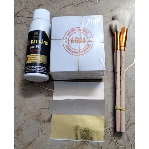 Bộ Combo Dát Vàng Gốc PU Siêu Rẻ - 500 Lá Vàng A Gold, 100ml Keo, Chổi & Bông Chà Vàng - Dụng Cụ Nghệ Thuật Tiện Lợi