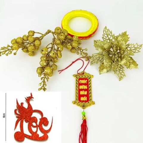 Combo Phụ Kiện Trang Trí Tết - Dừa, Dưa Hấu, Bưởi Vàng, Chữ Thư Pháp, Khánh Chúc Mừng Năm Mới (7 Chi Tiết)