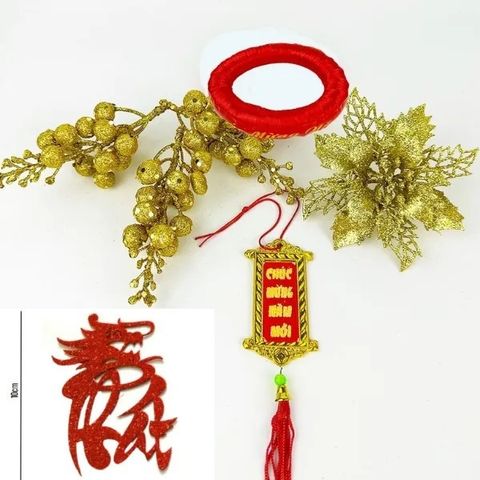 Combo Phụ Kiện Trang Trí Tết - Dừa, Dưa Hấu, Bưởi Vàng, Chữ Thư Pháp, Khánh Chúc Mừng Năm Mới (7 Chi Tiết)