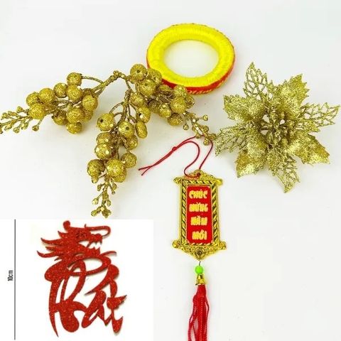 Combo Phụ Kiện Trang Trí Tết - Dừa, Dưa Hấu, Bưởi Vàng, Chữ Thư Pháp, Khánh Chúc Mừng Năm Mới (7 Chi Tiết)