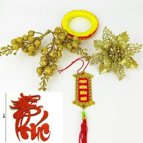 Combo Phụ Kiện Trang Trí Tết - Dừa, Dưa Hấu, Bưởi Vàng, Chữ Thư Pháp, Khánh Chúc Mừng Năm Mới (7 Chi Tiết)