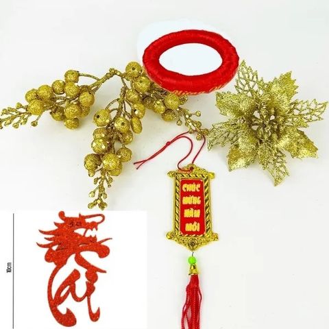 Combo Phụ Kiện Trang Trí Tết - Dừa, Dưa Hấu, Bưởi Vàng, Chữ Thư Pháp, Khánh Chúc Mừng Năm Mới (7 Chi Tiết)