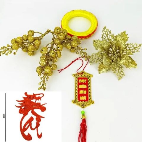 Combo Phụ Kiện Trang Trí Tết - Dừa, Dưa Hấu, Bưởi Vàng, Chữ Thư Pháp, Khánh Chúc Mừng Năm Mới (7 Chi Tiết)