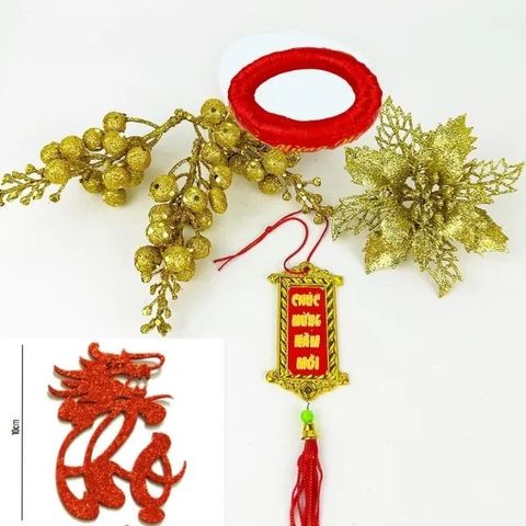 Combo Phụ Kiện Trang Trí Tết - Dừa, Dưa Hấu, Bưởi Vàng, Chữ Thư Pháp, Khánh Chúc Mừng Năm Mới (7 Chi Tiết)