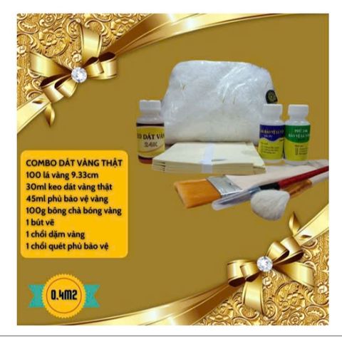 Combo Dát Vàng 100 Lá 9.33cm - Bộ Dụng Cụ Hoàn Chính Kèm Keo và Phụ Kiện Dát Vàng Đồ Thờ, Phong Thủy