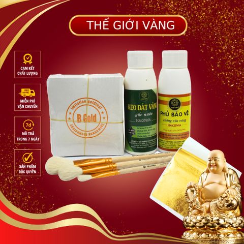 Combo 500 Lá Vàng Dát Vàng - Bộ Phụ Kiện 100ml Keo Dán & Phủ Bảo Vệ, Chổi Quét Dành Cho Nghệ Thuật Dát Vàng ốp Gỗ, Thạch Cao