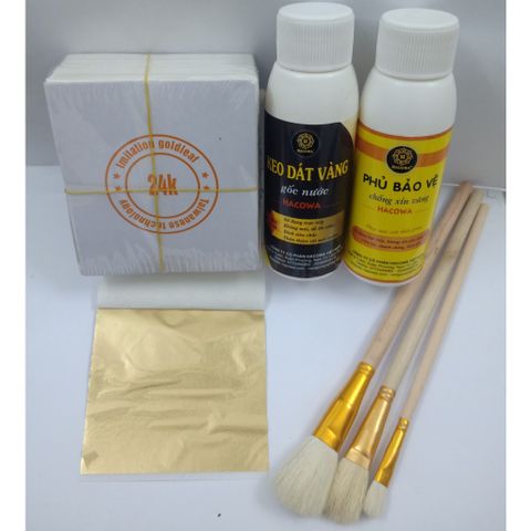 Combo 500 Lá Vàng Dát Vàng - Bộ Phụ Kiện 100ml Keo Dán & Phủ Bảo Vệ, Chổi Quét Dành Cho Nghệ Thuật Dát Vàng ốp Gỗ, Thạch Cao