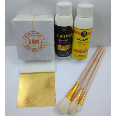 Combo 500 Lá Vàng Dát Vàng - Bộ Phụ Kiện 100ml Keo Dán & Phủ Bảo Vệ, Chổi Quét Dành Cho Nghệ Thuật Dát Vàng ốp Gỗ, Thạch Cao