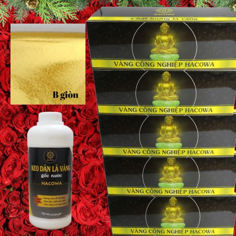 Combo Dát Vàng HACOWA - 5 Hộp Vàng Đài (12500 Lá) + 1kg Keo Gốc Nước Dùng Trang Trí Hoa Quả, Thạch Cao, Xi Măng, Giấy