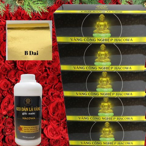 Combo Dát Vàng HACOWA - 5 Hộp Vàng Đài (12500 Lá) + 1kg Keo Gốc Nước Dùng Trang Trí Hoa Quả, Thạch Cao, Xi Măng, Giấy