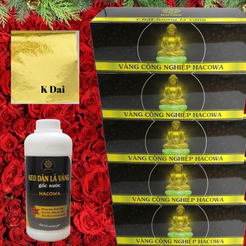 Combo Dát Vàng HACOWA - 5 Hộp Vàng Đài (12500 Lá) + 1kg Keo Gốc Nước Dùng Trang Trí Hoa Quả, Thạch Cao, Xi Măng, Giấy