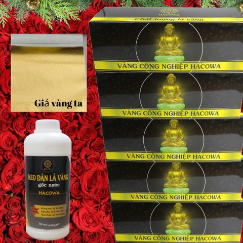 Combo Dát Vàng HACOWA - 5 Hộp Vàng Đài (12500 Lá) + 1kg Keo Gốc Nước Dùng Trang Trí Hoa Quả, Thạch Cao, Xi Măng, Giấy
