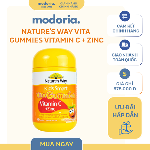 Kẹo Dẻo Kids Smart Vita Gummies Vitamin C + Zinc 60 Viên - Bổ Sung Vitamin và Khoáng Chất Hỗ Trợ Sức Đề Kháng Trẻ Em từ Nature's Way