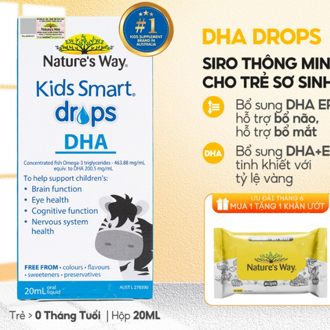 DHA Nhỏ Giọt Kids Smart Drops 20ml - Bổ Sung DHA Cho Trẻ Nhỏ - Dễ Dùng, Pha Sữa, Cháo - Thương Hiệu Nature’s Way Úc