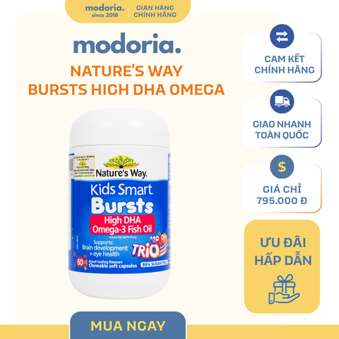 Viên Nhai Omega-3 DHA Cao Nature’s Way Kids Smart Bursts - 60 Viên Hỗ Trợ Thị Giác và Phát Triển Cho Trẻ Em, Xuất Xứ Úc