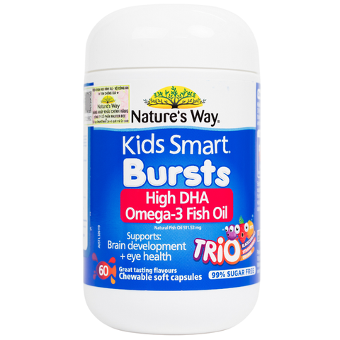 Viên Nhai Omega-3 DHA Cao Nature’s Way Kids Smart Bursts - 60 Viên Hỗ Trợ Thị Giác và Phát Triển Cho Trẻ Em, Xuất Xứ Úc