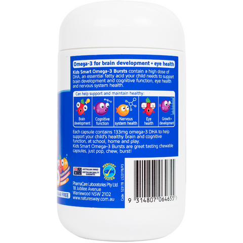 Viên Nhai Omega-3 DHA Cao Nature’s Way Kids Smart Bursts - 60 Viên Hỗ Trợ Thị Giác và Phát Triển Cho Trẻ Em, Xuất Xứ Úc