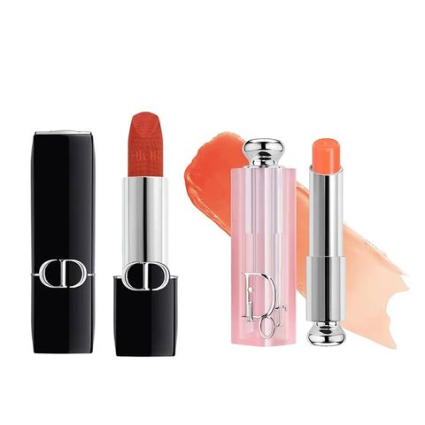 Set Son Dior Rouge Dior Couture Velvet Finish 840 Rayonnante Đỏ Cam Đất + Addict Lip Glow Balm 004 Coral Chính Hãng - Bộ Quà Tặng Sang Trọng