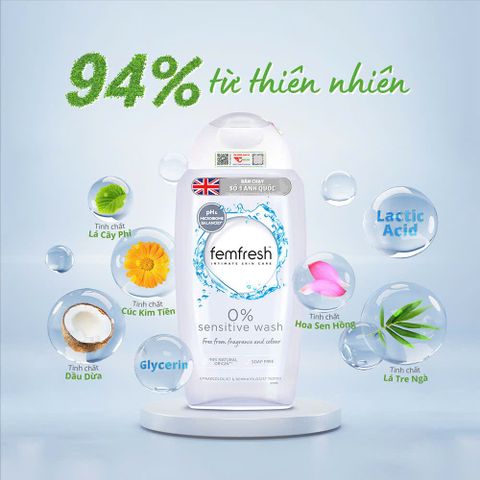 Femfresh 0% Sensitive Wash - Dung Dịch Vệ Sinh Phụ Nữ Da Nhạy Cảm 250ml - Dịu Nhẹ, Không Hương Liệu, Cho Cảm Giác Tươi Mát 24h