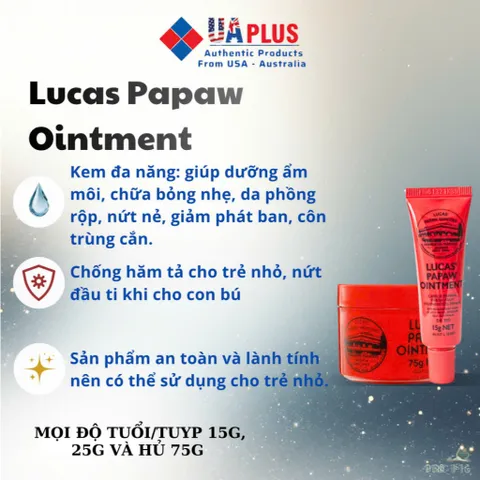 Lucas’ Papaw Ointment - Kem Đu Đủ Đa Năng Chăm Sóc Da Mặt 15g - Dưỡng Ẩm, Chống Nẻ và Hỗ Trợ Bỏng dùng cho Trẻ Em
