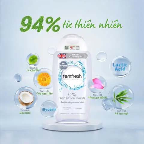 Femfresh 0% Sensitive Wash 250ml - Dung Dịch Vệ Sinh Phụ Nữ An Toàn Cho Da Nhạy Cảm, Cảm Giác Tươi Mát Suốt 24 Giờ