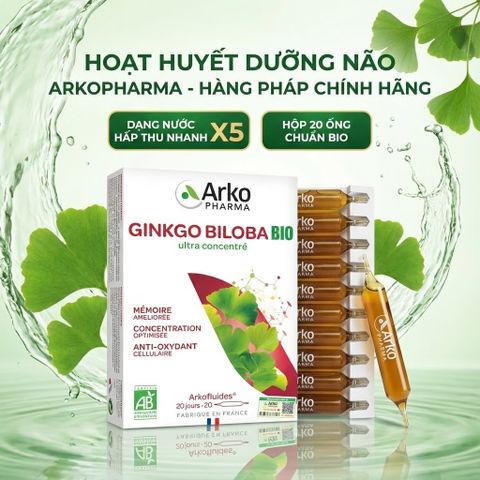 Tinh Chất Bạch Quả Arkopharma Ginkgo Biloba BIO - Hỗ Trợ Tăng Cường Trí Nhớ Dạng Ống Uống, Hộp 20 Ống, Xuất Xứ Pháp