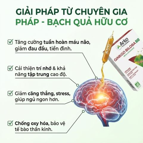 Tinh Chất Bạch Quả Arkopharma Ginkgo Biloba BIO - Hỗ Trợ Tăng Cường Trí Nhớ Dạng Ống Uống, Hộp 20 Ống, Xuất Xứ Pháp