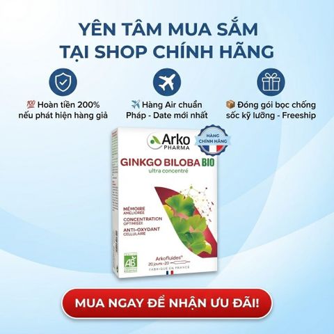 Tinh Chất Bạch Quả Arkopharma Ginkgo Biloba BIO - Hỗ Trợ Tăng Cường Trí Nhớ Dạng Ống Uống, Hộp 20 Ống, Xuất Xứ Pháp
