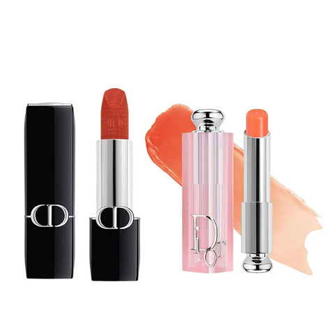 Set Son Dior Cao Cấp Rouge Dior Couture Velvet Finish 840 Rayonnante Đỏ Cam Đất + Addict Lip Glow Balm 004 Coral San Hô Chính Hãng
