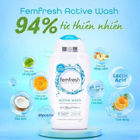 Dung dịch vệ sinh phụ nữ Femfresh Active Fresh Wash 250ml Xanh Dương - Dưỡng ẩm, Làm sạch nhẹ nhàng, Phù hợp cho da nhạy cảm