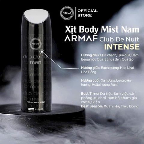 Xịt Khử Mùi Armaf Club De Nuit Men Body Spray 200ml - Hương Thơm Nam Tính, Sang Trọng, Thời Trang, Duy Trì Tự Tin