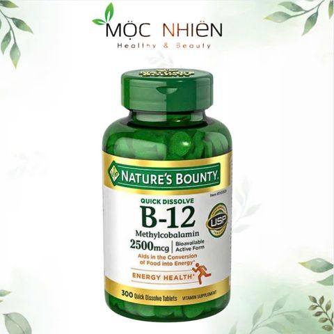 Viên uống Vitamin B12 Nature's Bounty 2500mcg 300 viên - Giúp duy trì hệ thần kinh, phòng ngừa thiếu máu và hỗ trợ tim mạch khỏe mạnh