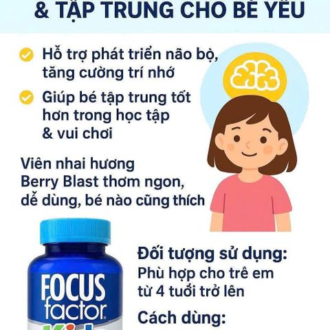 Vitamin bổ não Focus Factor Kids 150v - Tăng cường trí nhớ, tập trung cho trẻ - Hương berry tự nhiên, dễ nhai