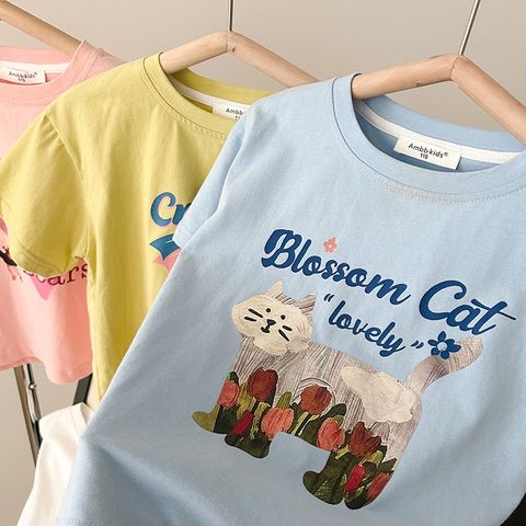 Áo Thun Ngắn Tay Dễ Thương Cho Bé Gái AmbbKids - Họa Tiết Cartoon Hàn Quốc, Chất Liệu Cotton Mềm Mịn, Đủ Size 90-150