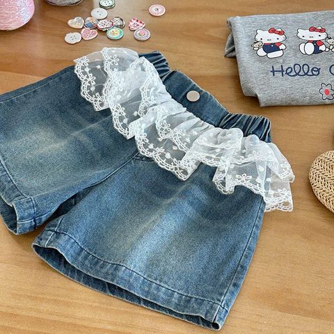 Bộ Đồ Bé Gái Hello Cat Dễ Thương - Áo Thun Tay Ngắn & Quần Jeans Ngắn Phối Ren Xinh Xắn từ 2-8 Tuổi