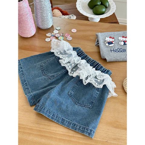 Bộ Đồ Bé Gái Hello Cat Dễ Thương - Áo Thun Tay Ngắn & Quần Jeans Ngắn Phối Ren Xinh Xắn từ 2-8 Tuổi