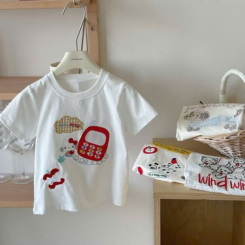 Áo Thun Bé Gái Thêu Hình Dễ Thương - Phong Cách Hàn Quốc, Cotton Mềm Mát, Thoáng Khí, Size 2-8 Tuổi, Họa Tiết Hoạt Hình Ngộ Nghĩnh