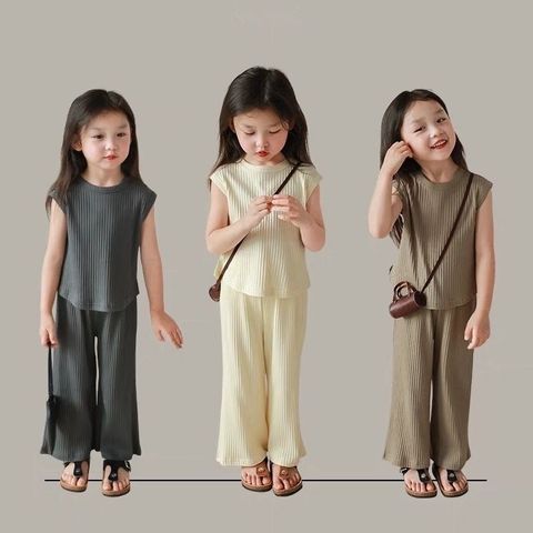 Bộ Quần Áo Sát Nách Quần Dài Loe Thun Tăm Cho Bé Gái - Thời Trang Mùa Hè 2024, Chất Liệu Mềm Mại, Thoáng Mát