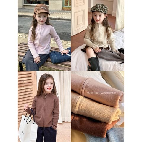 Áo Khoác Len Cardigan Kéo Khoá Dáng Ôm Co Dãn Mềm Mại Basic Thời Trang Cho Bé Gái - Ambbkids Thu Đông Hàn Quốc 2024