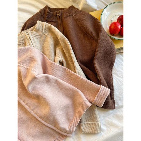 Áo Khoác Len Cardigan Kéo Khoá Dáng Ôm Co Dãn Mềm Mại Basic Thời Trang Cho Bé Gái - Ambbkids Thu Đông Hàn Quốc 2024