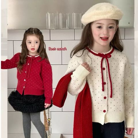 Áo Len Cardigan Cho Trẻ Em Ambbkids - Dệt Kim Chấm Bi Nơ Lông Cừu, Phong Cách Giáng Sinh, Thời Trang Thu Đông 2026