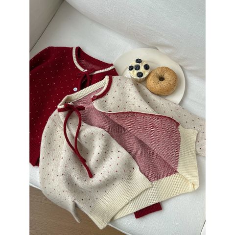 Áo Len Cardigan Cho Trẻ Em Ambbkids - Dệt Kim Chấm Bi Nơ Lông Cừu, Phong Cách Giáng Sinh, Thời Trang Thu Đông 2026