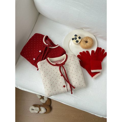 Áo Len Cardigan Cho Trẻ Em Ambbkids - Dệt Kim Chấm Bi Nơ Lông Cừu, Phong Cách Giáng Sinh, Thời Trang Thu Đông 2026