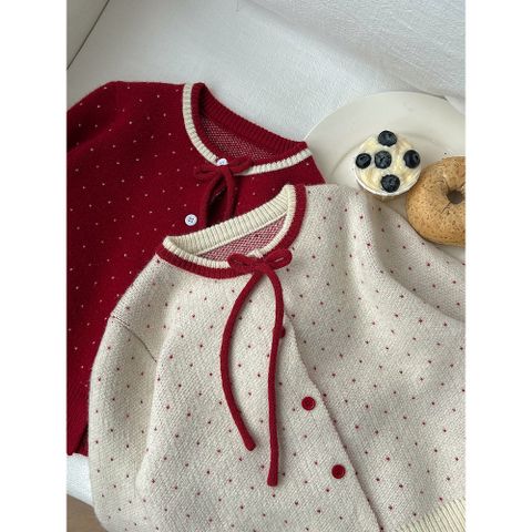 Áo Len Cardigan Cho Trẻ Em Ambbkids - Dệt Kim Chấm Bi Nơ Lông Cừu, Phong Cách Giáng Sinh, Thời Trang Thu Đông 2026