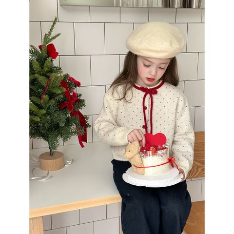 Áo Len Cardigan Cho Trẻ Em Ambbkids - Dệt Kim Chấm Bi Nơ Lông Cừu, Phong Cách Giáng Sinh, Thời Trang Thu Đông 2026