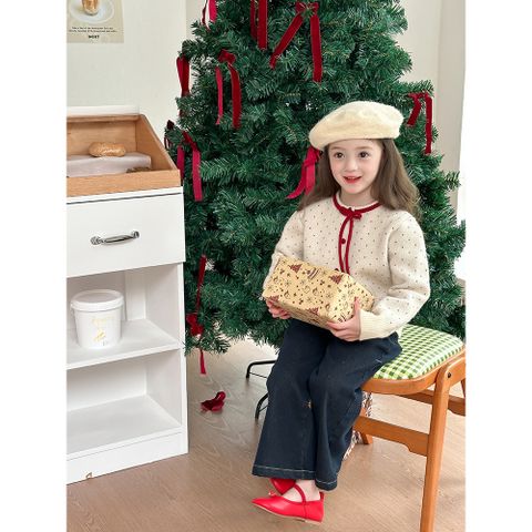 Áo Len Cardigan Cho Trẻ Em Ambbkids - Dệt Kim Chấm Bi Nơ Lông Cừu, Phong Cách Giáng Sinh, Thời Trang Thu Đông 2026