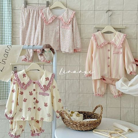 Bộ Đồ Ngủ Bé Gái Linanxi Cổ Búp Bê Nhún Gấu, Pijama Dễ Thương Chất Cotton Mềm Mịn, Họa Tiết Thỏ Xinh, Size 90-140