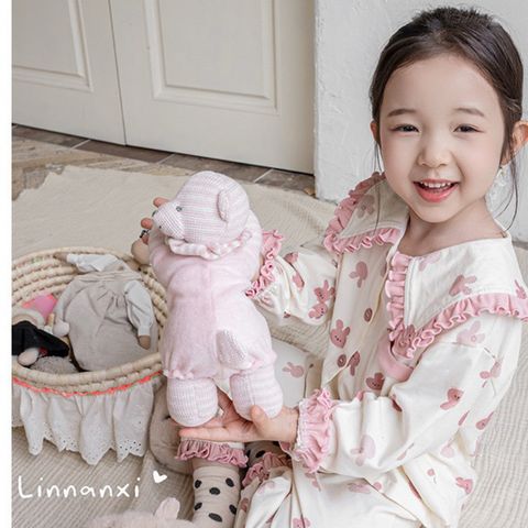 Bộ Đồ Ngủ Bé Gái Linanxi Cổ Búp Bê Nhún Gấu, Pijama Dễ Thương Chất Cotton Mềm Mịn, Họa Tiết Thỏ Xinh, Size 90-140