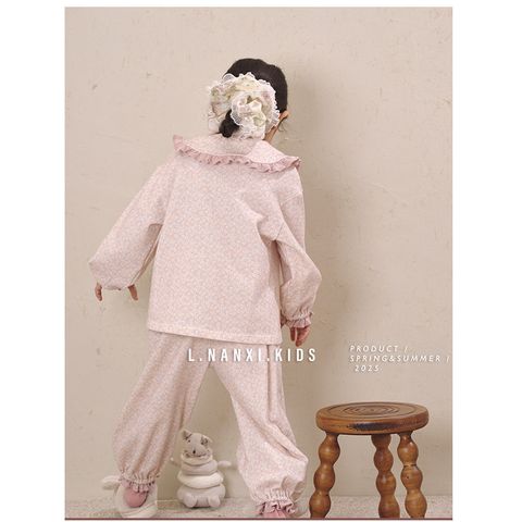 Bộ Đồ Ngủ Bé Gái Linanxi Cổ Búp Bê Nhún Gấu, Pijama Dễ Thương Chất Cotton Mềm Mịn, Họa Tiết Thỏ Xinh, Size 90-140