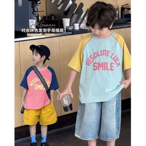 [Ambbkids] Áo Thun Cotton Dáng Lỡ Tay Phối Màu, In Chữ Thời Trang Cho Bé Trai Bé Gái Mới Nhất Hè 2025